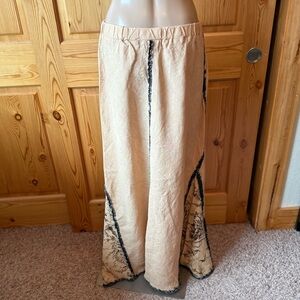 Crunch Linen Maxi Skirt L Lagenlook Art To Wear French Toile Panels Tan Black